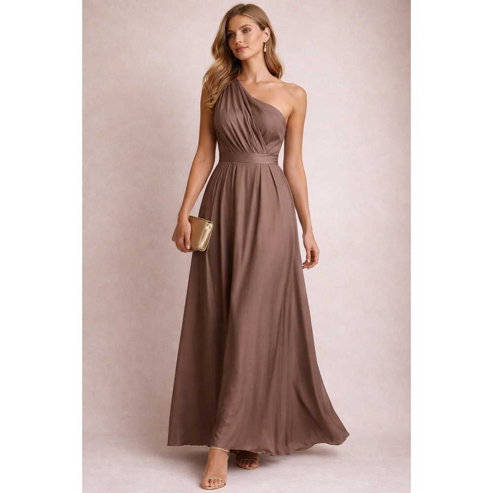NWT Thread Social‎ One Shoulder Pleated 100%SILK Maxi Dress Brown Grecian   4
